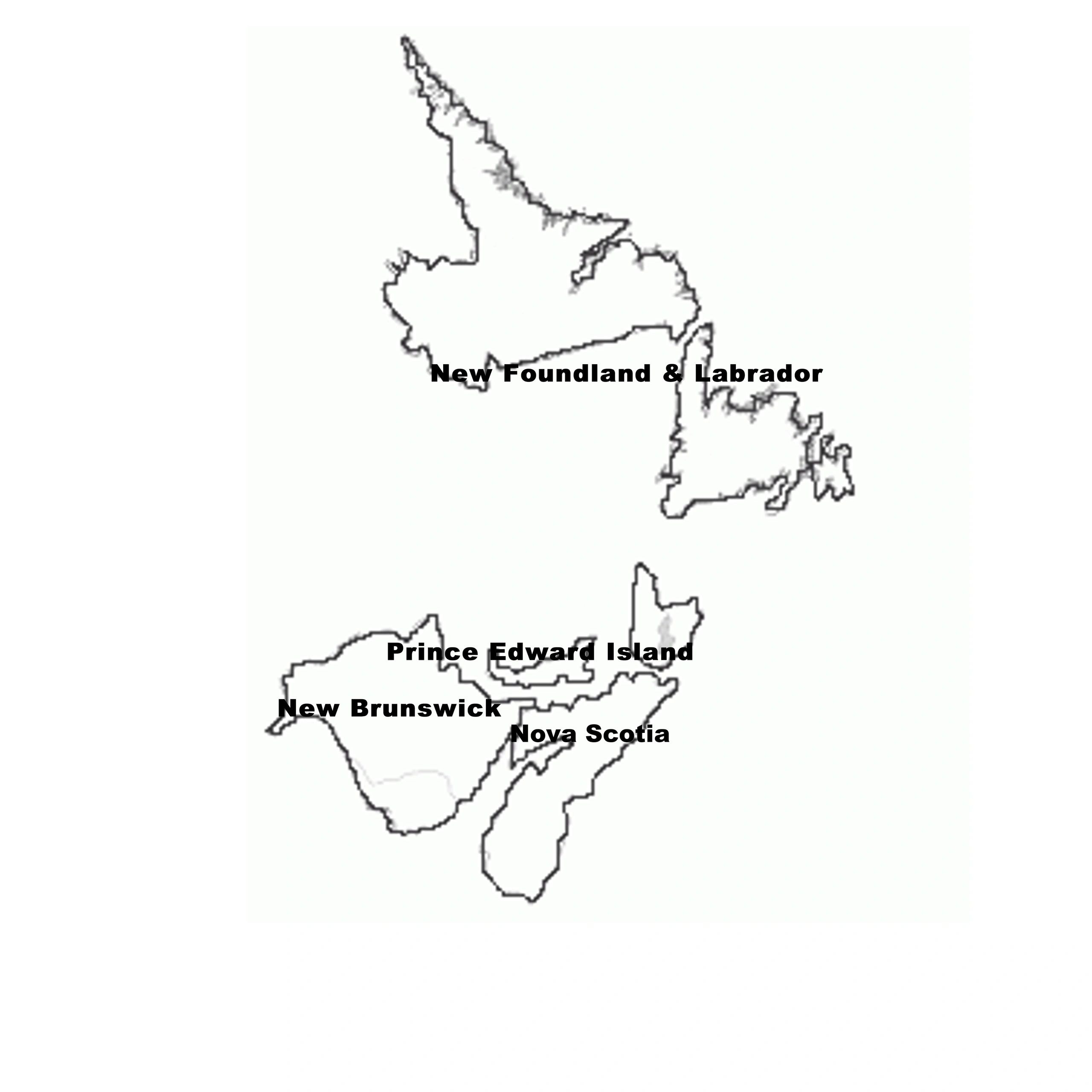 Map of Atlantic Canada showing New Brunswick, Nova Scotia, Prince Edward Island, and Newfoundland & Labrador